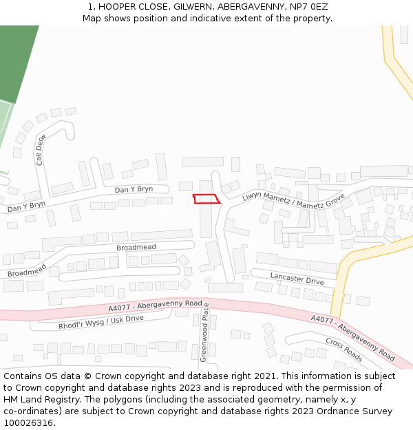 1, HOOPER CLOSE, GILWERN, ABERGAVENNY, NP7 0EZ: Location map and indicative extent of plot