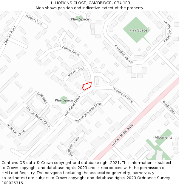 1, HOPKINS CLOSE, CAMBRIDGE, CB4 1FB: Location map and indicative extent of plot