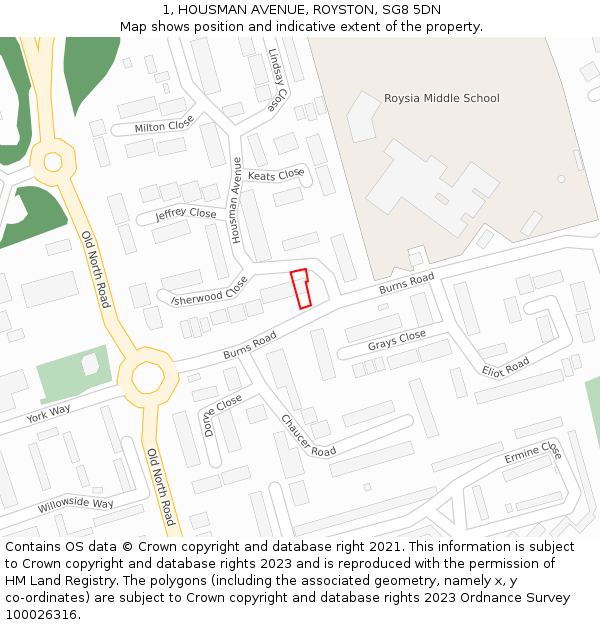 1, HOUSMAN AVENUE, ROYSTON, SG8 5DN: Location map and indicative extent of plot