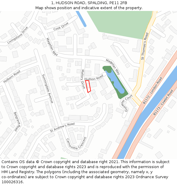 1, HUDSON ROAD, SPALDING, PE11 2FB: Location map and indicative extent of plot