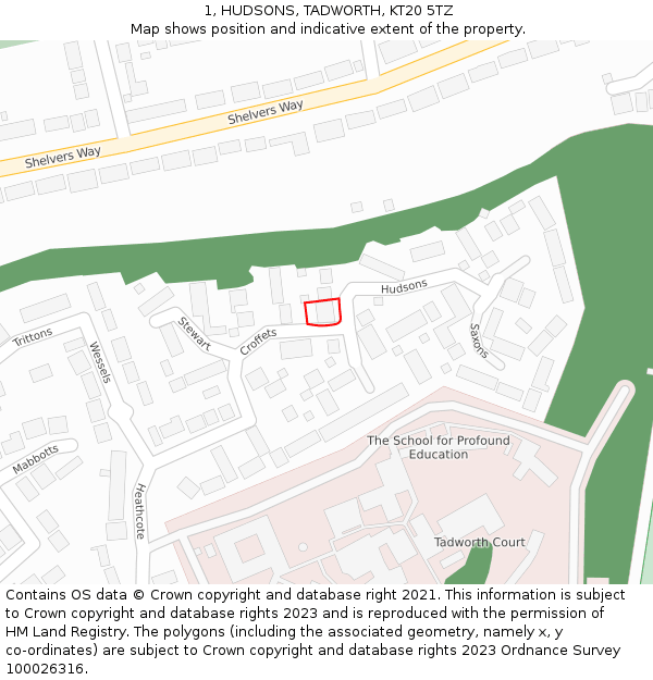 1, HUDSONS, TADWORTH, KT20 5TZ: Location map and indicative extent of plot