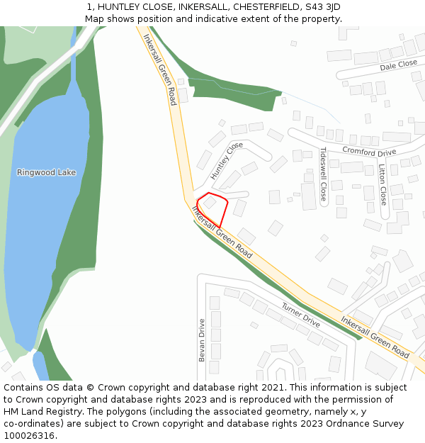 1, HUNTLEY CLOSE, INKERSALL, CHESTERFIELD, S43 3JD: Location map and indicative extent of plot