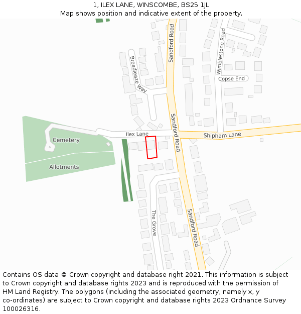 1, ILEX LANE, WINSCOMBE, BS25 1JL: Location map and indicative extent of plot