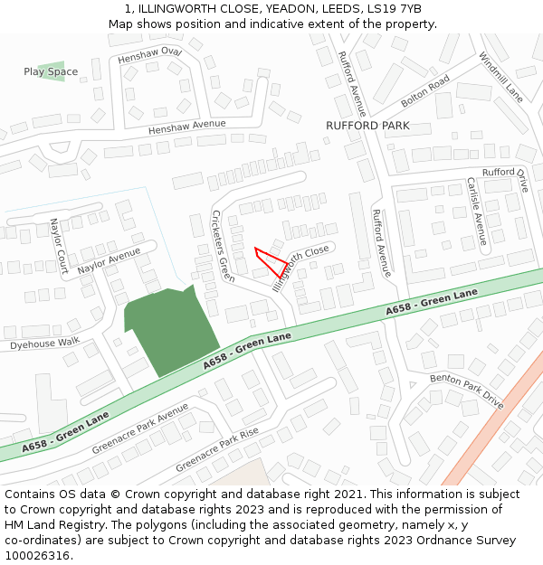 1, ILLINGWORTH CLOSE, YEADON, LEEDS, LS19 7YB: Location map and indicative extent of plot