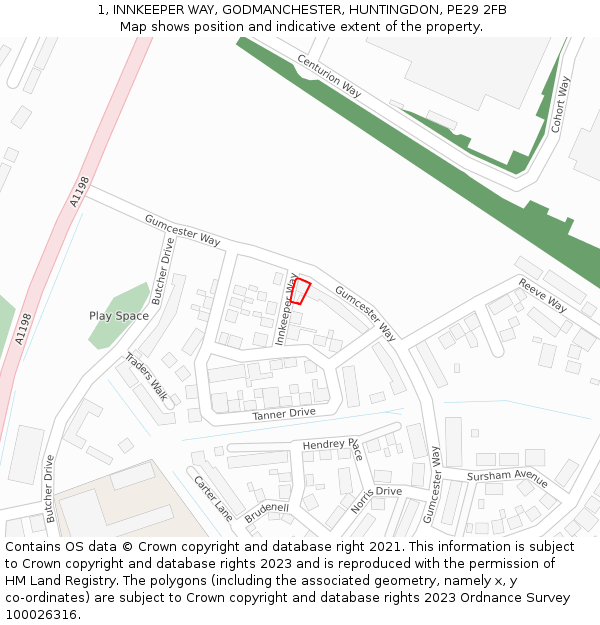 1, INNKEEPER WAY, GODMANCHESTER, HUNTINGDON, PE29 2FB: Location map and indicative extent of plot