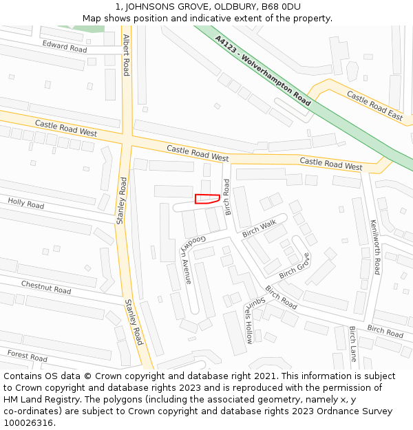 1, JOHNSONS GROVE, OLDBURY, B68 0DU: Location map and indicative extent of plot