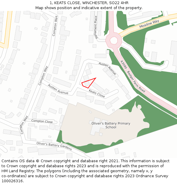 1, KEATS CLOSE, WINCHESTER, SO22 4HR: Location map and indicative extent of plot