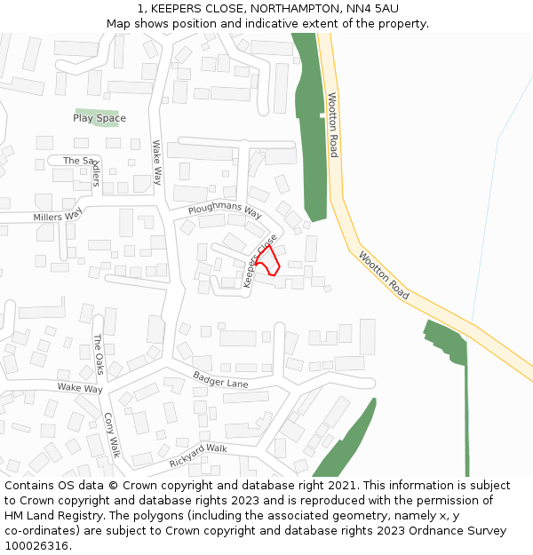 1, KEEPERS CLOSE, NORTHAMPTON, NN4 5AU: Location map and indicative extent of plot