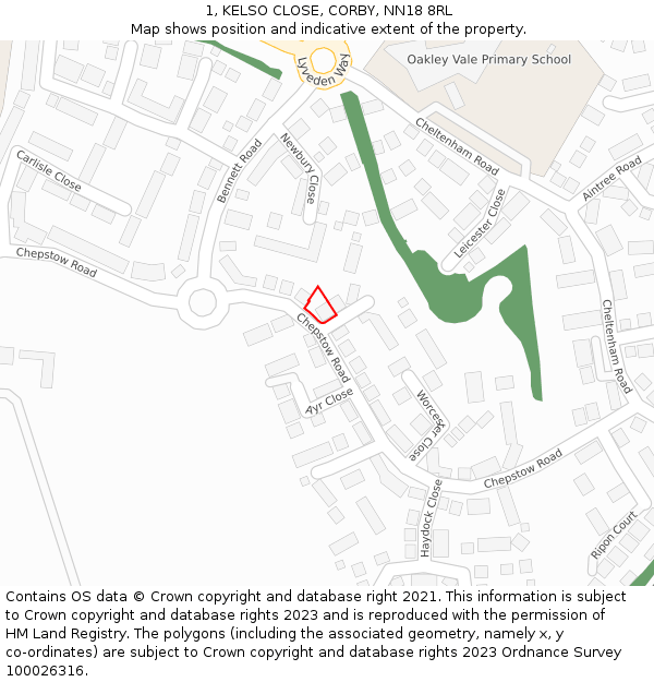 1, KELSO CLOSE, CORBY, NN18 8RL: Location map and indicative extent of plot