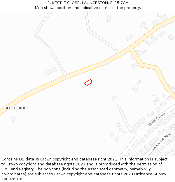 1, KESTLE CLOSE, LAUNCESTON, PL15 7GA: Location map and indicative extent of plot