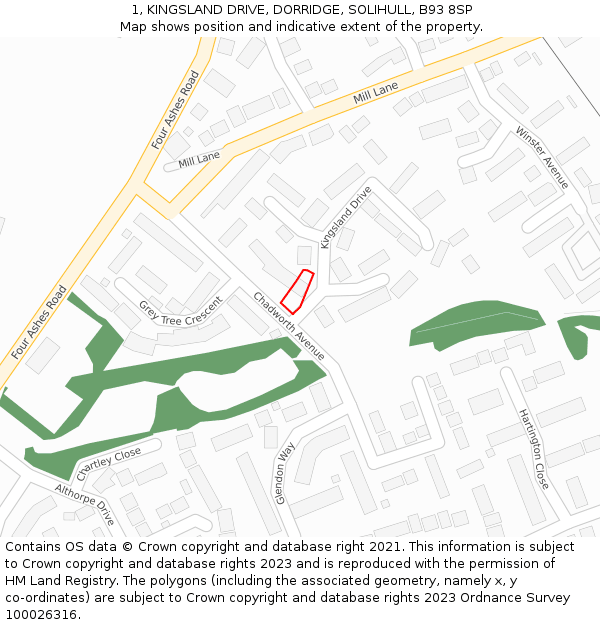 1, KINGSLAND DRIVE, DORRIDGE, SOLIHULL, B93 8SP: Location map and indicative extent of plot