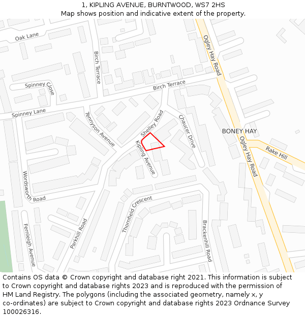 1, KIPLING AVENUE, BURNTWOOD, WS7 2HS: Location map and indicative extent of plot