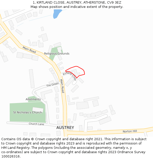 1, KIRTLAND CLOSE, AUSTREY, ATHERSTONE, CV9 3EZ: Location map and indicative extent of plot