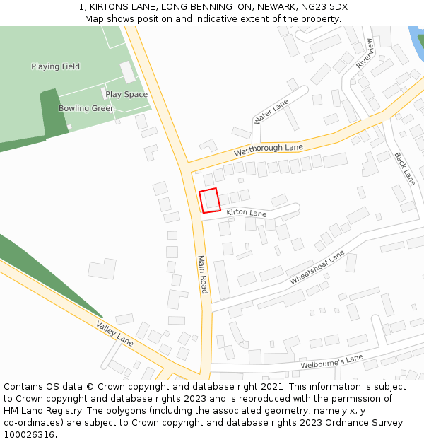 1, KIRTONS LANE, LONG BENNINGTON, NEWARK, NG23 5DX: Location map and indicative extent of plot