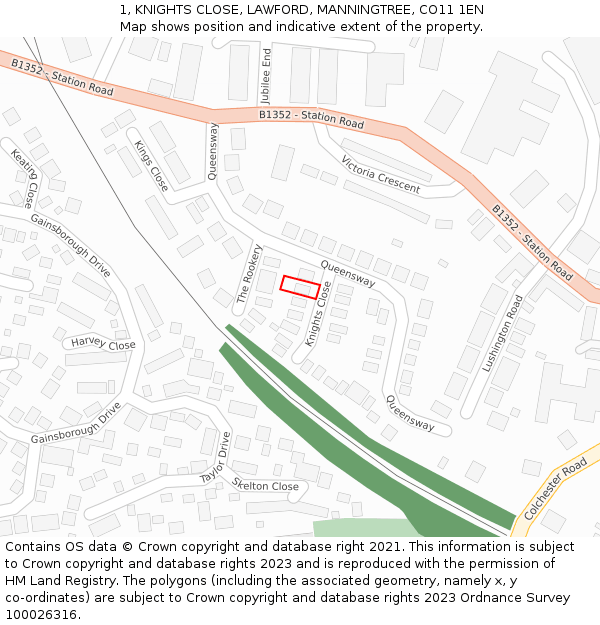 1, KNIGHTS CLOSE, LAWFORD, MANNINGTREE, CO11 1EN: Location map and indicative extent of plot