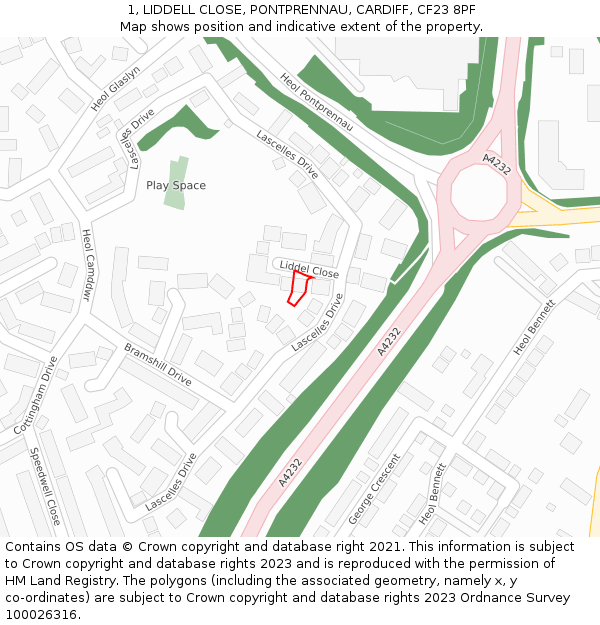 1, LIDDELL CLOSE, PONTPRENNAU, CARDIFF, CF23 8PF: Location map and indicative extent of plot