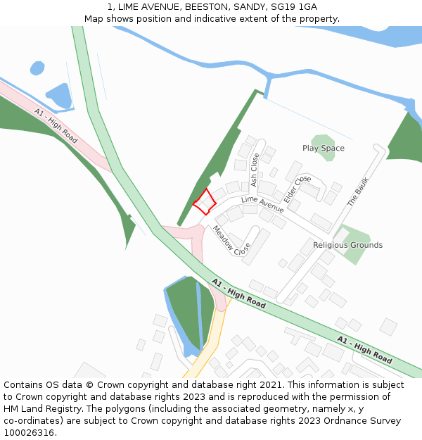 1, LIME AVENUE, BEESTON, SANDY, SG19 1GA: Location map and indicative extent of plot