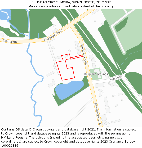 1, LINDAS GROVE, MOIRA, SWADLINCOTE, DE12 6BZ: Location map and indicative extent of plot