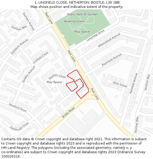 1, LINGFIELD CLOSE, NETHERTON, BOOTLE, L30 1BB: Location map and indicative extent of plot