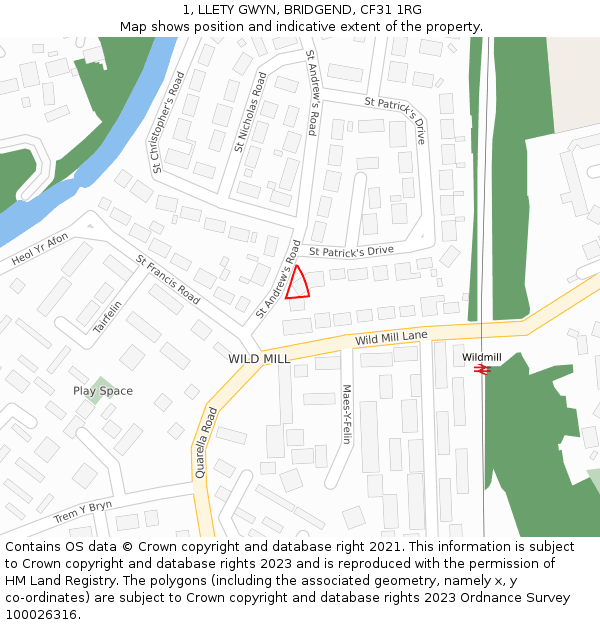 1, LLETY GWYN, BRIDGEND, CF31 1RG: Location map and indicative extent of plot