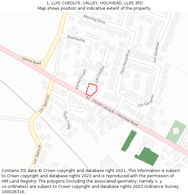 1, LLYS COEDLYS, VALLEY, HOLYHEAD, LL65 3FD: Location map and indicative extent of plot