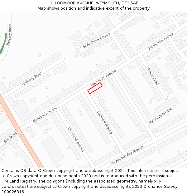 1, LODMOOR AVENUE, WEYMOUTH, DT3 5AF: Location map and indicative extent of plot