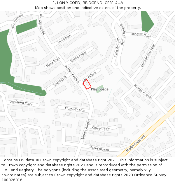 1, LON Y COED, BRIDGEND, CF31 4UA: Location map and indicative extent of plot