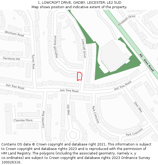 1, LOWCROFT DRIVE, OADBY, LEICESTER, LE2 5UD: Location map and indicative extent of plot