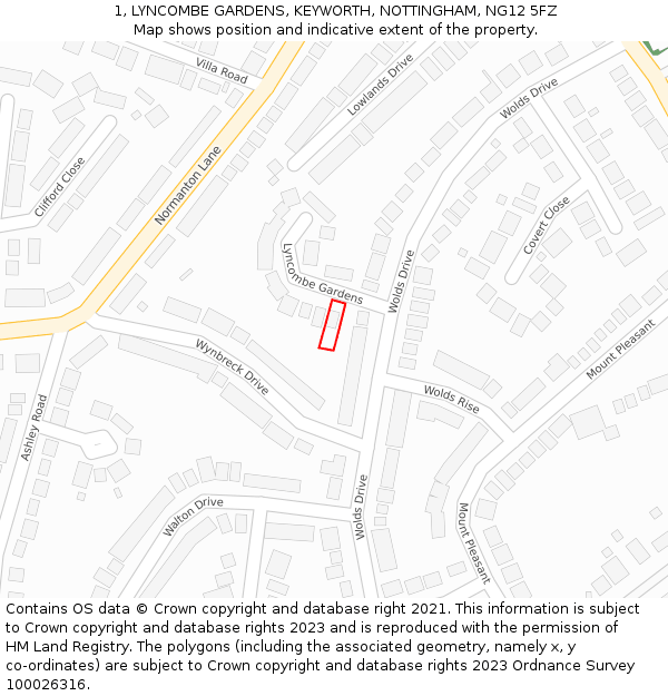 1, LYNCOMBE GARDENS, KEYWORTH, NOTTINGHAM, NG12 5FZ: Location map and indicative extent of plot