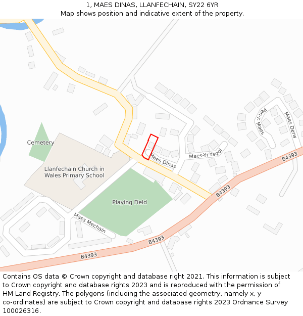 1, MAES DINAS, LLANFECHAIN, SY22 6YR: Location map and indicative extent of plot