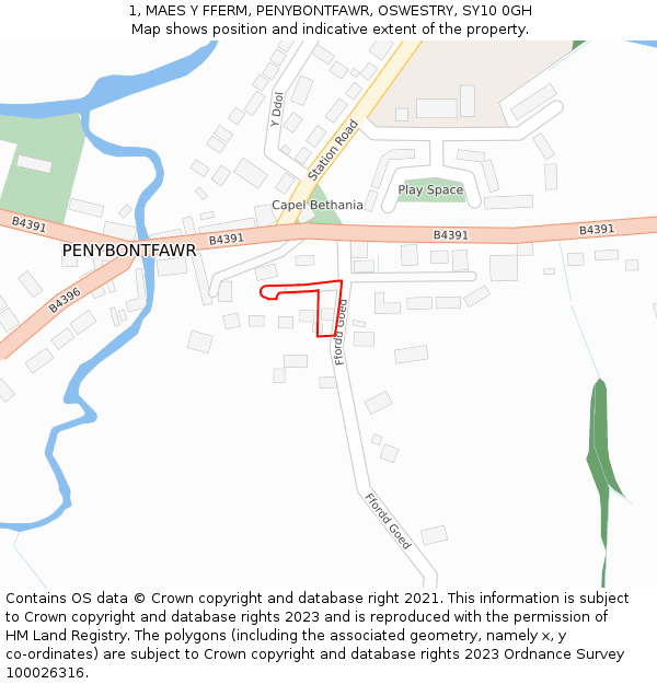 1, MAES Y FFERM, PENYBONTFAWR, OSWESTRY, SY10 0GH: Location map and indicative extent of plot