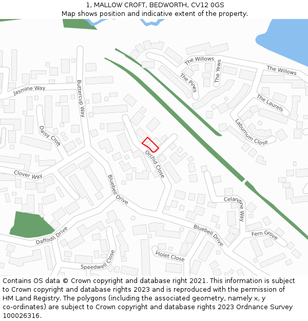 1, MALLOW CROFT, BEDWORTH, CV12 0GS: Location map and indicative extent of plot