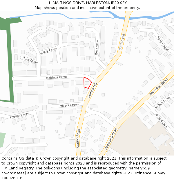 1, MALTINGS DRIVE, HARLESTON, IP20 9EY: Location map and indicative extent of plot