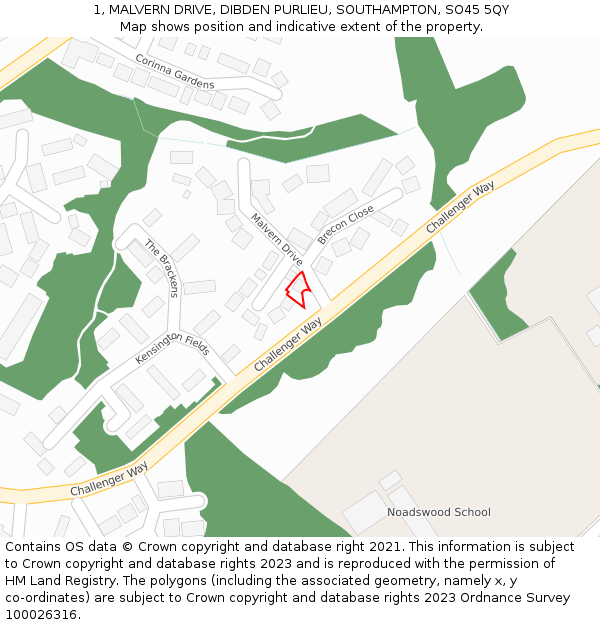 1, MALVERN DRIVE, DIBDEN PURLIEU, SOUTHAMPTON, SO45 5QY: Location map and indicative extent of plot