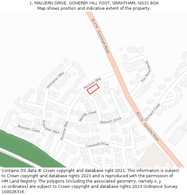 1, MALVERN DRIVE, GONERBY HILL FOOT, GRANTHAM, NG31 8GA: Location map and indicative extent of plot