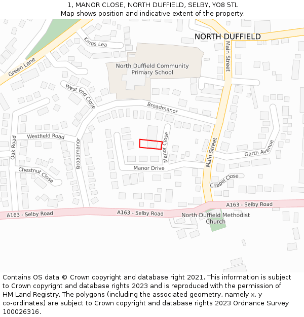 1, MANOR CLOSE, NORTH DUFFIELD, SELBY, YO8 5TL: Location map and indicative extent of plot