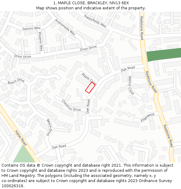 1, MAPLE CLOSE, BRACKLEY, NN13 6EX: Location map and indicative extent of plot