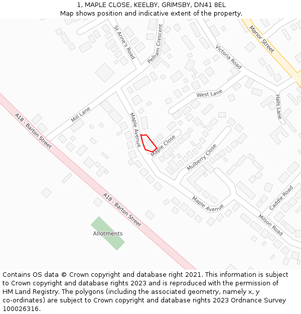 1, MAPLE CLOSE, KEELBY, GRIMSBY, DN41 8EL: Location map and indicative extent of plot