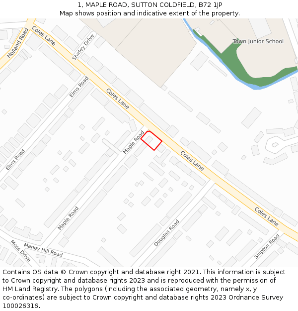 1, MAPLE ROAD, SUTTON COLDFIELD, B72 1JP: Location map and indicative extent of plot