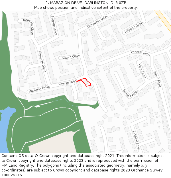 1, MARAZION DRIVE, DARLINGTON, DL3 0ZR: Location map and indicative extent of plot