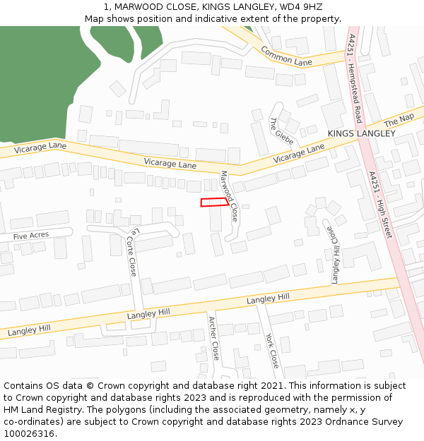 1, MARWOOD CLOSE, KINGS LANGLEY, WD4 9HZ: Location map and indicative extent of plot