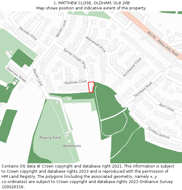 1, MATTHEW CLOSE, OLDHAM, OL8 2XB: Location map and indicative extent of plot