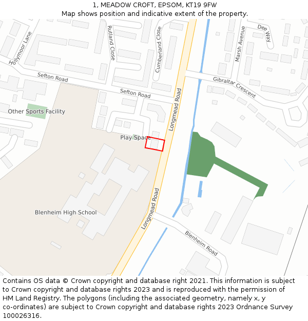 1, MEADOW CROFT, EPSOM, KT19 9FW: Location map and indicative extent of plot