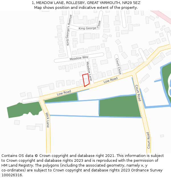 1, MEADOW LANE, ROLLESBY, GREAT YARMOUTH, NR29 5EZ: Location map and indicative extent of plot