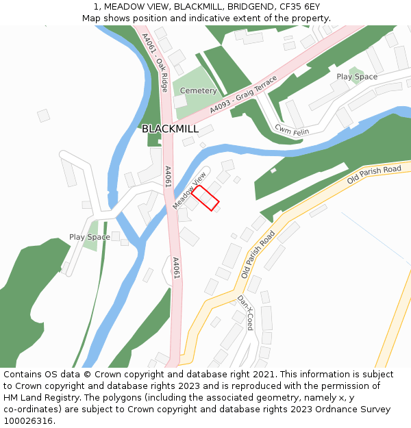 1, MEADOW VIEW, BLACKMILL, BRIDGEND, CF35 6EY: Location map and indicative extent of plot