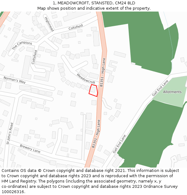 1, MEADOWCROFT, STANSTED, CM24 8LD: Location map and indicative extent of plot