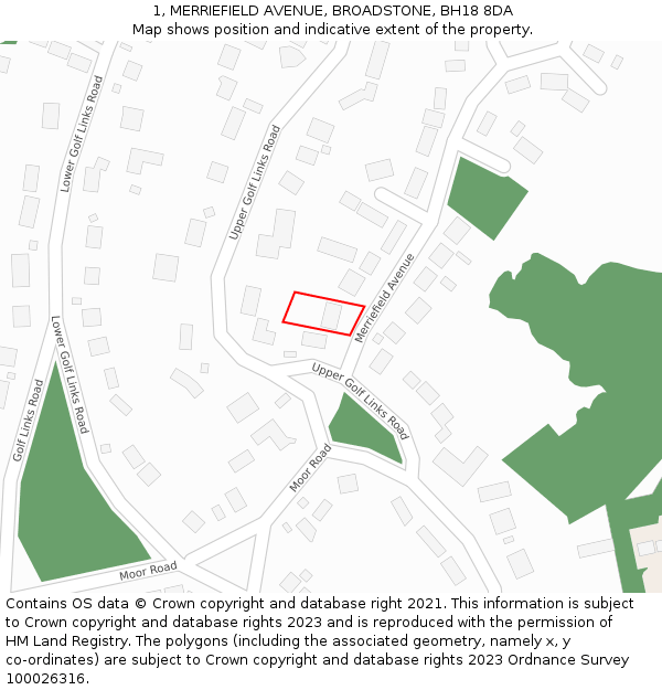 1, MERRIEFIELD AVENUE, BROADSTONE, BH18 8DA: Location map and indicative extent of plot