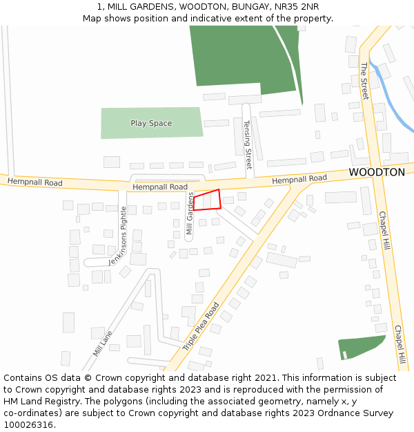 1, MILL GARDENS, WOODTON, BUNGAY, NR35 2NR: Location map and indicative extent of plot