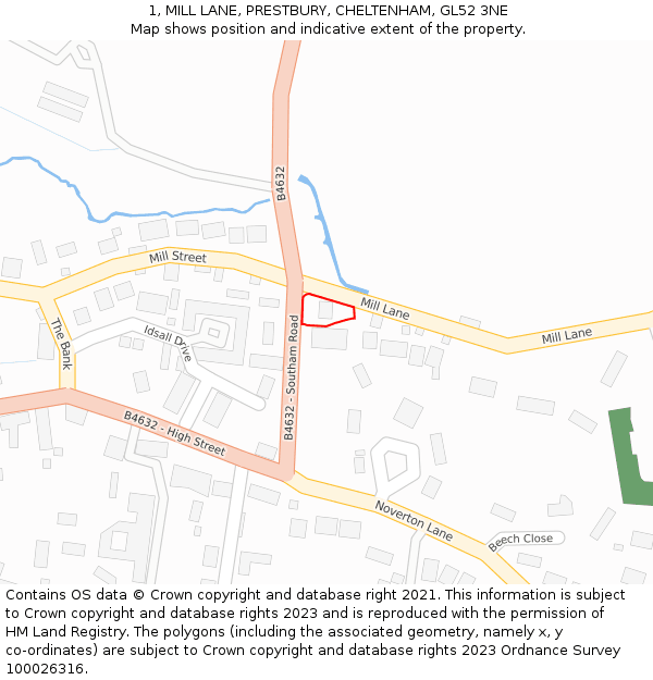 1, MILL LANE, PRESTBURY, CHELTENHAM, GL52 3NE: Location map and indicative extent of plot