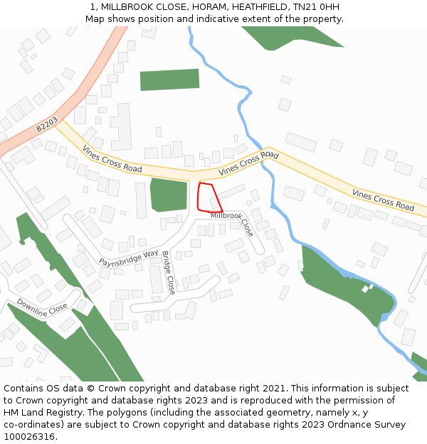 1, MILLBROOK CLOSE, HORAM, HEATHFIELD, TN21 0HH: Location map and indicative extent of plot